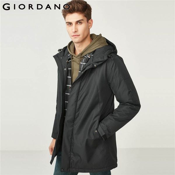 

giordano men mid-long hooded quilted coat men single pocket at chest swallow-tailed hem windbreak durable fashion winter, Tan;black