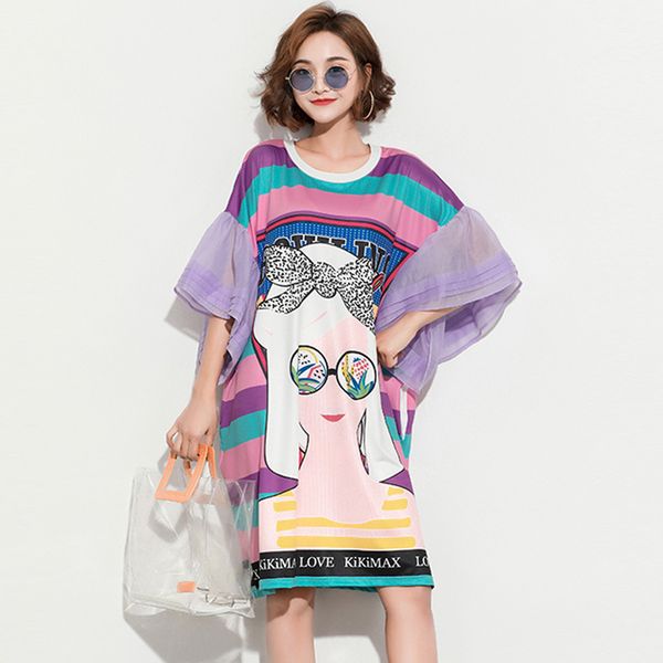 

large size half sleeve t shirt women dress fashion cartoon print summer dresses 2019 new arrival hit color striped female dress, Black;gray