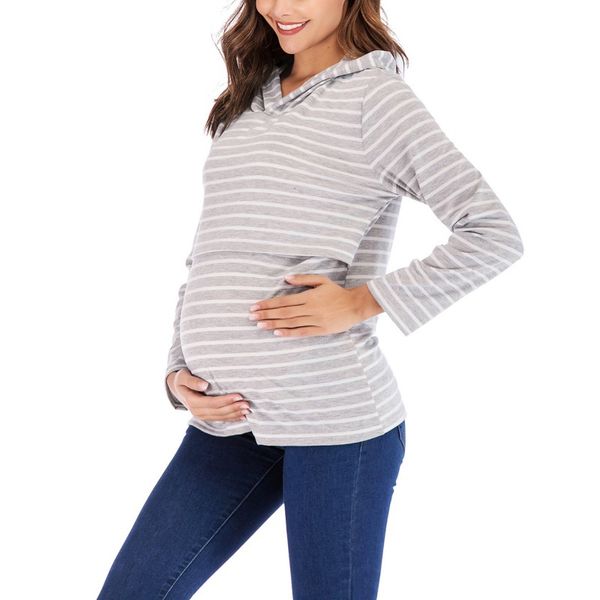 

maternity hooded sweatshirt fashion new striped hooded loose breastfeeding long sleeve maternity t-shirt, White