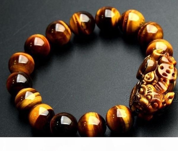 

feng shui 12mm yellow tiger's eye stone pi yao pi xiu bracelet for wealth luck, Black