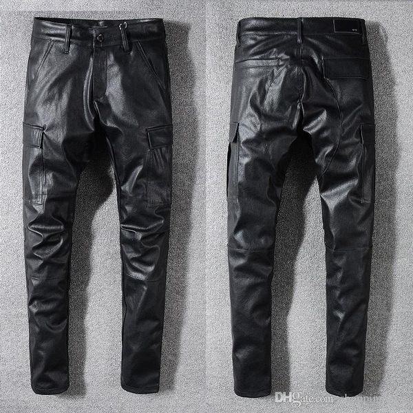 

ami skinny mens leather pant chaparajos designer skinny pants man gothic motorcycle slim fit black biker pant, Blue