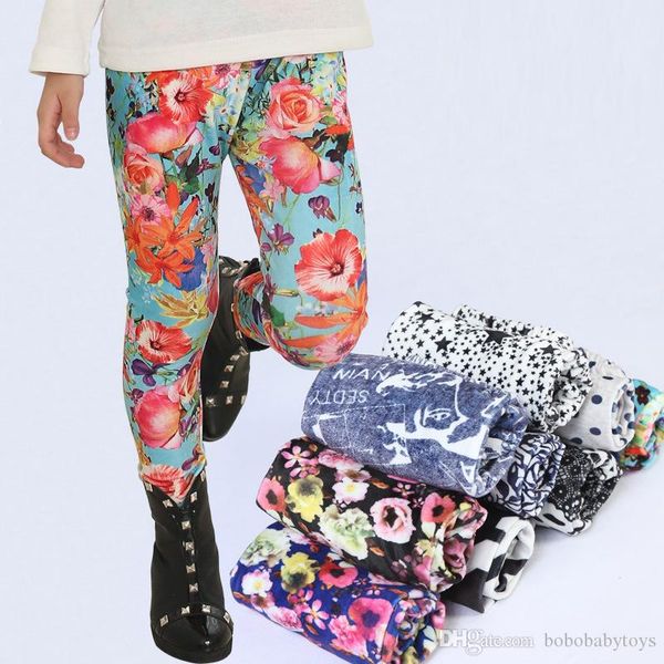 

girls spring prints waves geometric patterns roses pants trousers 9 styles cotton blends girl's four-season tight-fitting trousers, Blue