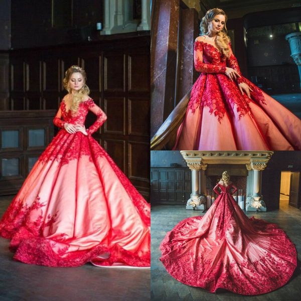 

2019 red long sleeve prom dresses with lace appliqued a line sheer jewel neck gorgeous evening dress custom made formal party dress, Black;red