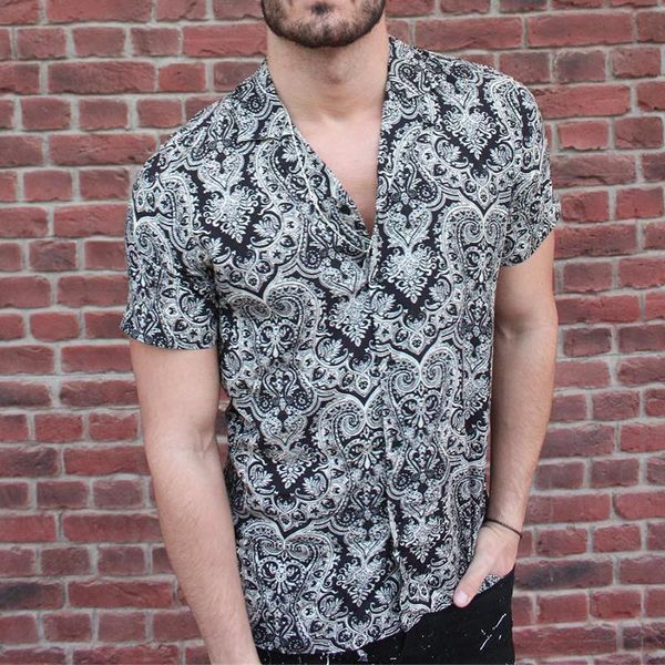 

men's casual slim shirts 2020 summer new fashion printed buttons-down shirt summer beach short sleeve party top, White;black