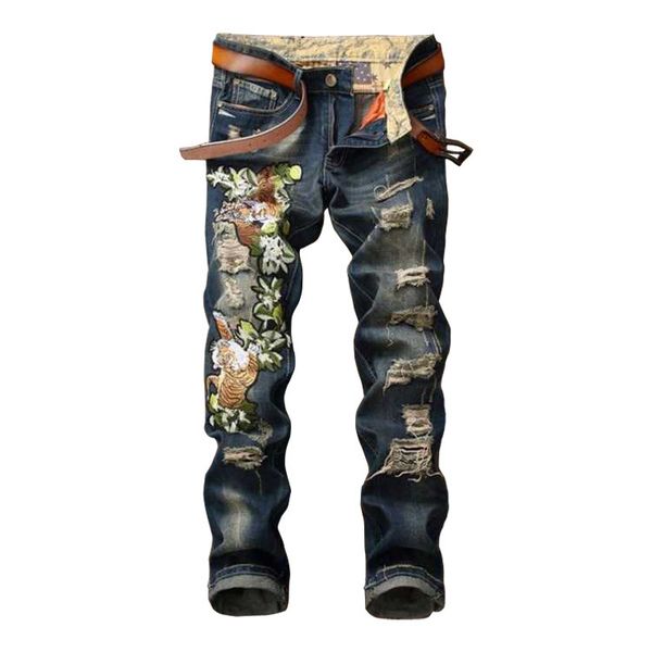 

fashion ripped embroidered jeans hole motorcycle trousers blue slim fit denim pants torn stylish youth streetwear for men