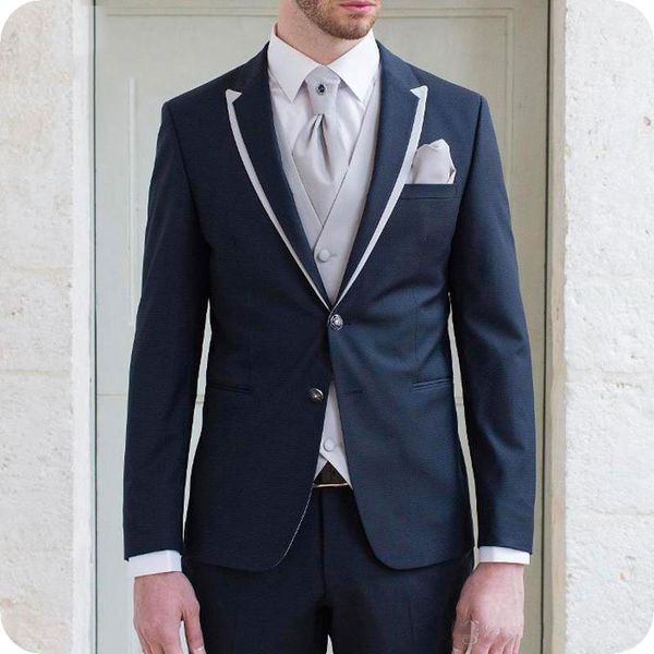 

blue men wedding suits 2019 white peaked lapel groom tuxedos skinny man blazers jacket 3piece latest coat pants designs costume homme, Black;gray