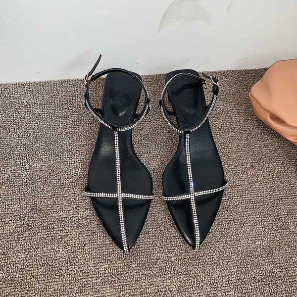 

women sandals pointed toe crystal rhinestone sandals thin low heels summer dress shoes elegant fashion pumps ladies fashion mule, Black