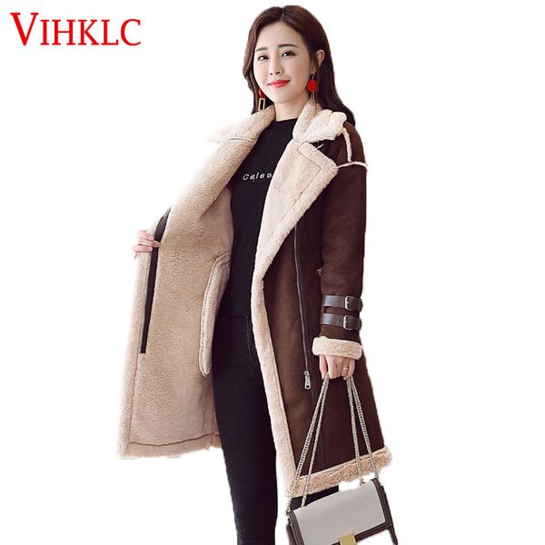 

2018 long lambswool suede jacket women winter coats korean turn-down collar thick warm outwear slim parka female clothes b991, Black
