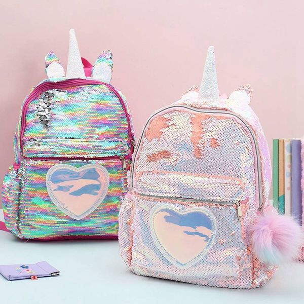 

1 pc nicorn sequined backpack girls children cartoon primary school bags book capacity bags satchel double shoulder backpack