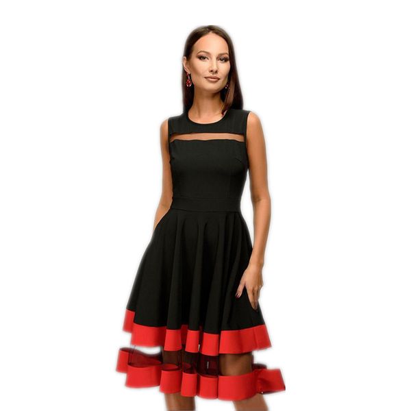 

Women Elegant Knee -Length Dress Sexy Mesh Patchwork O -Neck A -Line Vestidos Women Summer Sleeveless Party Dress