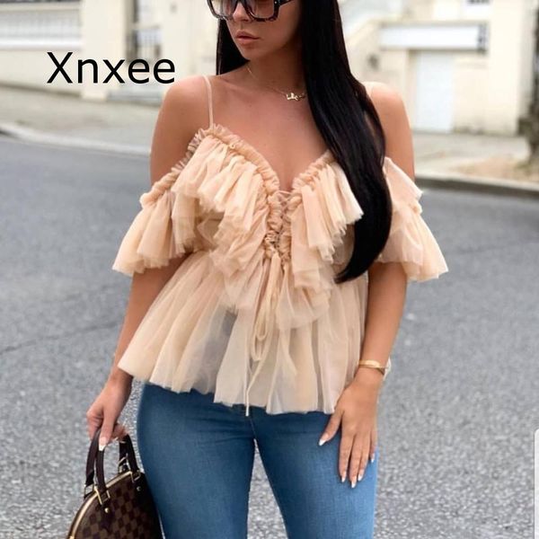 

off shoulder womens and blouses summer 2019 deep v neck backless strap ruffles mesh blouse shirt, White