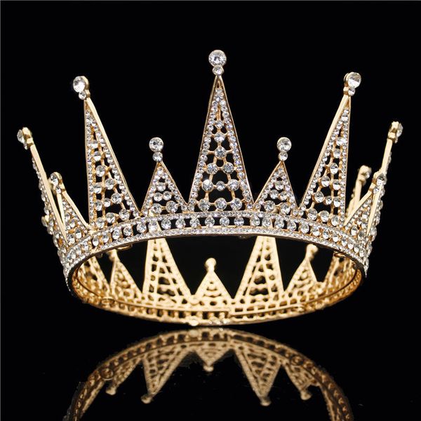 

new gold luxury crystal bridal tiara royal queen king crown for wedding hair accessories party porm round crowns hair jewelry, Golden;white