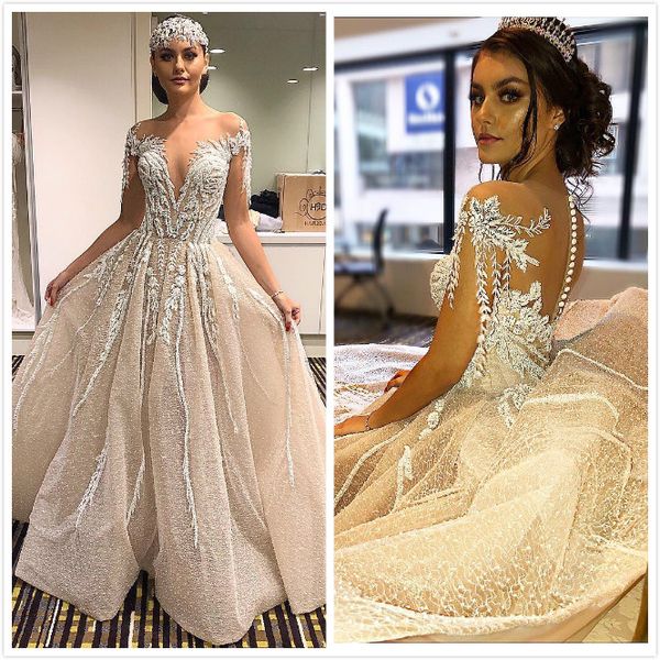 

2020 arabic aso ebi sparkly luxurious wedding dresses sheer neck bridal dresses elegant wedding gowns zj333, White