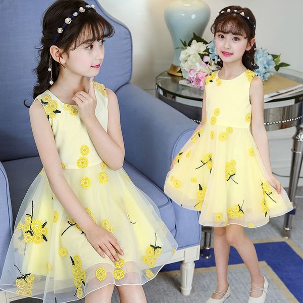 

girl summer dress 2020 new casual sleeveless embroidered mesh princess dress 3-13t girls knee-length dresses high quality, Red;yellow