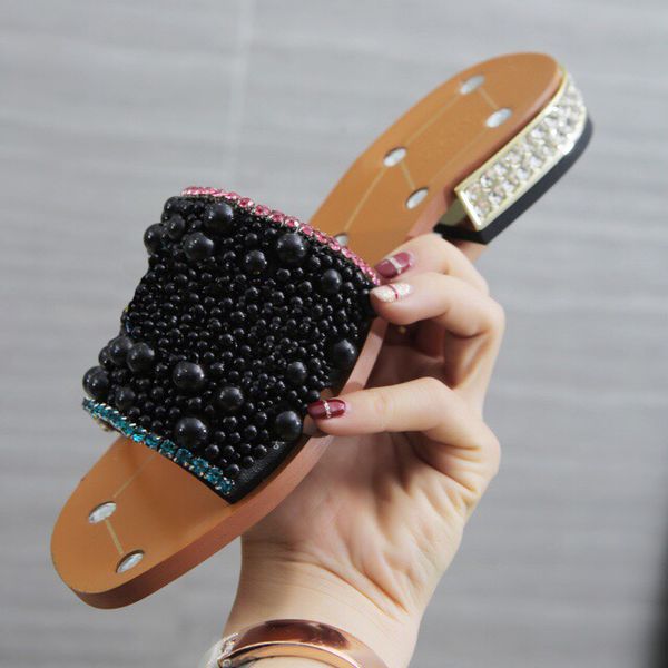 

women's rhinestone low-heel slippers black pearl designer work summer women's sandals dress classic trend fashion big size 43 cs03