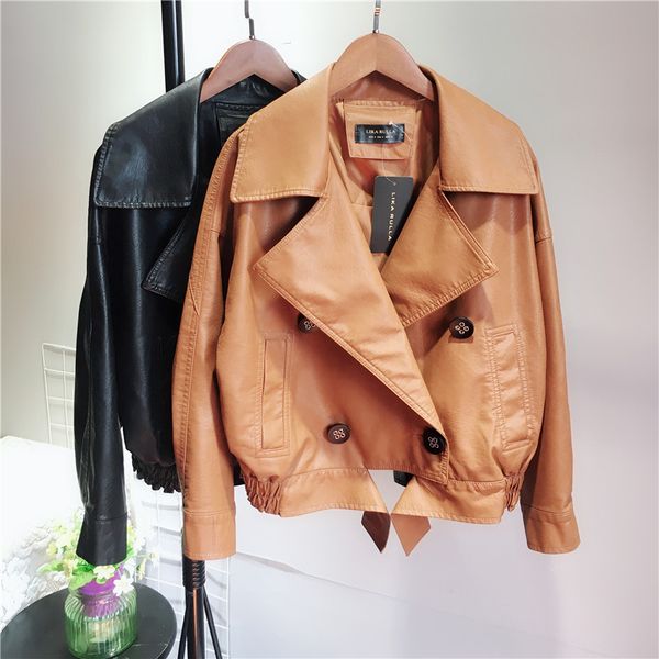 

loose large size leather jacket simple bat sleeve slim locomotive faux leather jacket women casual large lapel short coat, Black
