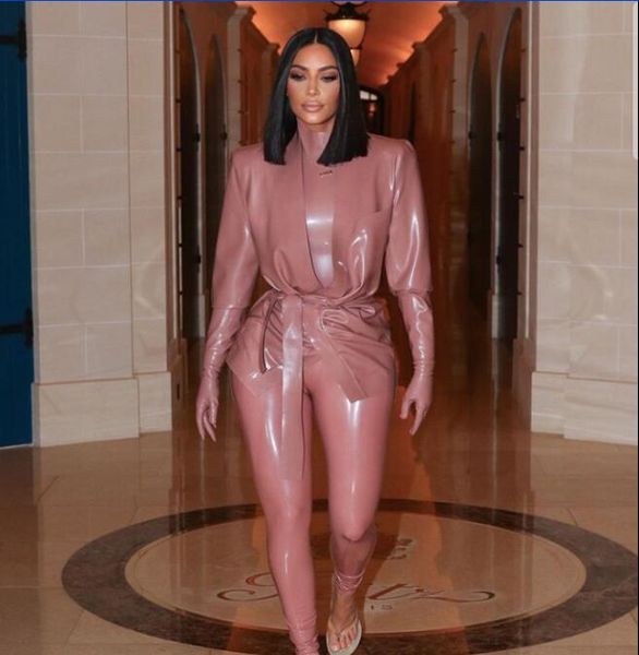 Vestido de noite yousef aljasmi women kim kardashian pieaco terno de roupa de couro de pele coordena o pescoço alto sl longo sl