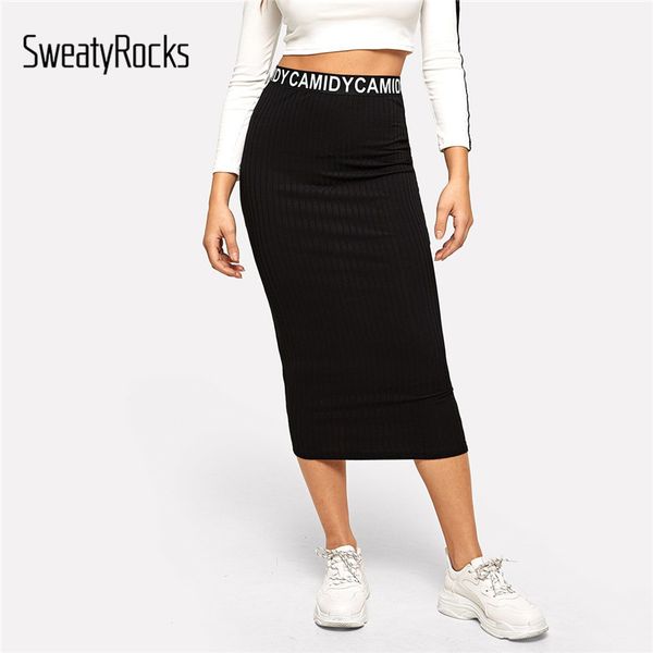 

sweatyrocks waist letter ribbed knit bodycon skirt activewear skinny skirts 2019 spring summer women casual sheath skirts, Black;gray