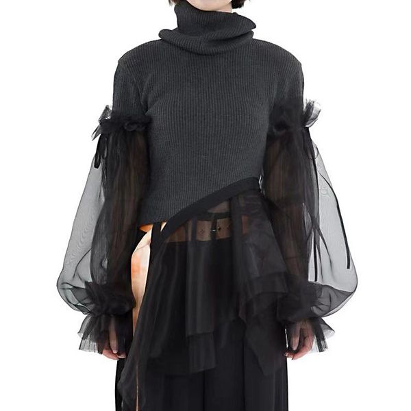 

women's sweaters 2021 gao collar elastic force slim fit splicing perspective organza lotus leaf side light cage sleeve knitting top, White;black