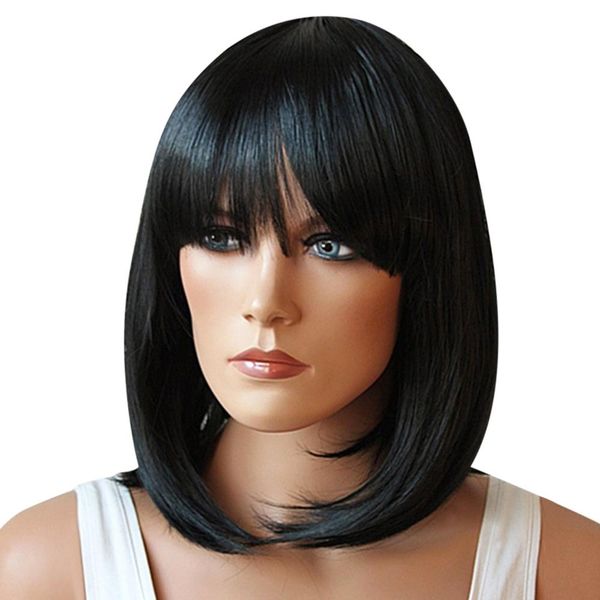 Fashion Medium Synthetic Bob Style Straight Full Bang Natural Black Cosplay Wig For Women Disco Party Short Straight Bangs Hair Bb Good Quality Wigs