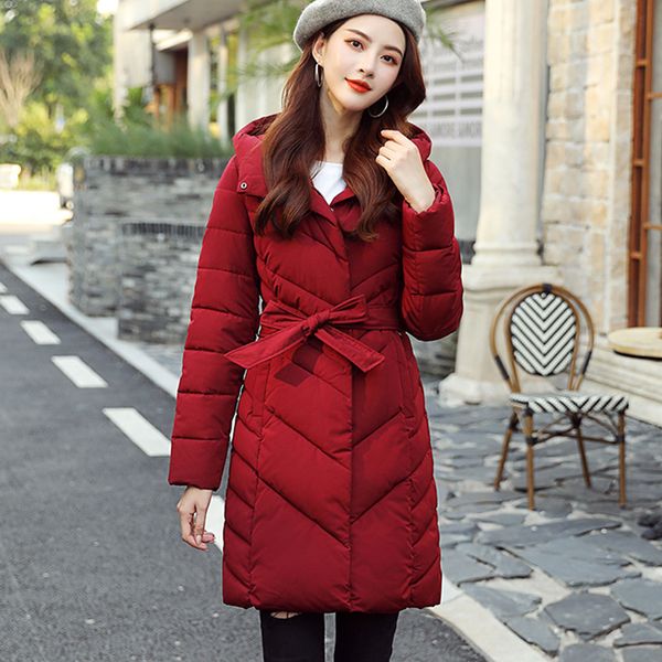 

winter hooded jacket women cotton warm parka femme slim long coat 2019 solid winterjas dames red blue fashion casual outwear, Black