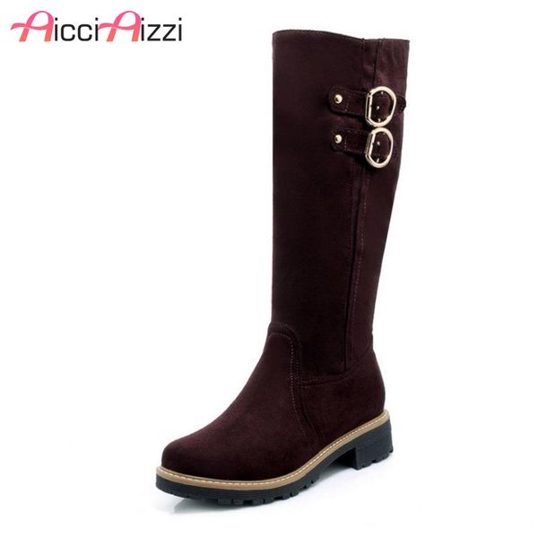 

aicciaizzi size 33-43 women mid calf boots flats winter fur shoes female metal buckle botas fashion flock footwear, Black