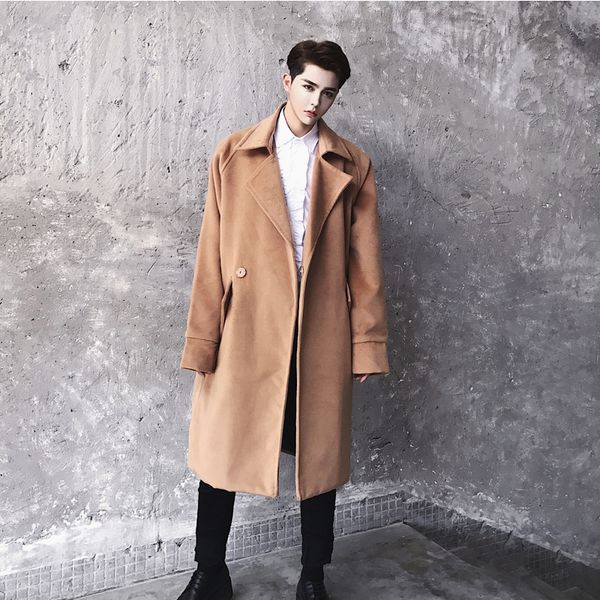 

european and american high street style woolen coat male super temperament double-breasted coat simple classic mens outwear, Black