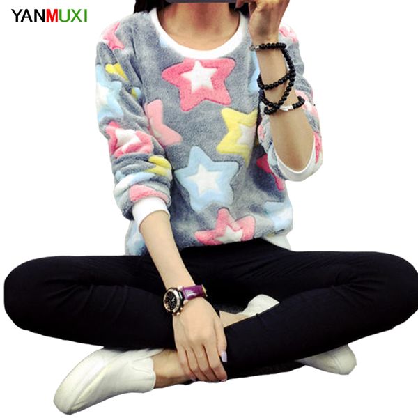 

yanmuxi autumn winter harajuku stars pullover sweatshirts 2018 long sleeve moletom feminino flannel printing women's sweatshirt, Black