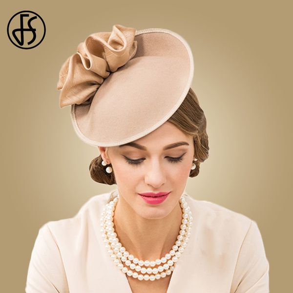 

FS British Hats For Women 100% Wool Pillbox Hat Khaki Felt Fedora Vintage Flower Wedding Fascinator Ladies Hat