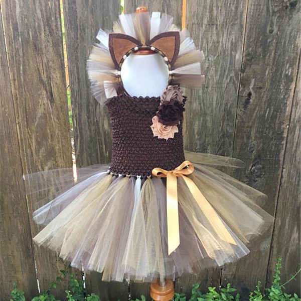 

cute girls coffee lion tutu dress baby crochet tulle dress with flowers ribbon bow and hairbow kids party cosplay costume dress, Red;yellow