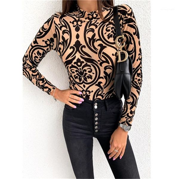 

designer t-shirts autumn casual slim long sleeved high collar thin t shirts fashion womens tees leopard printed wemens, White