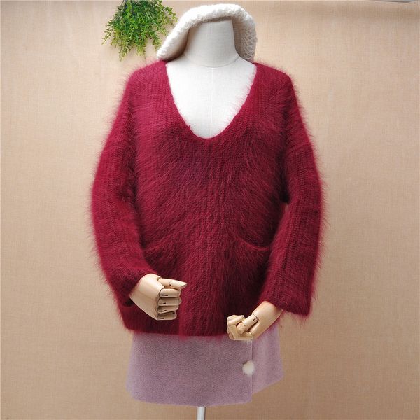 

ladies women fashion hairy fuzzy mink cashmere deep v-neck cute pockets long sleeved loose oversized pullover winter jumper, White;black