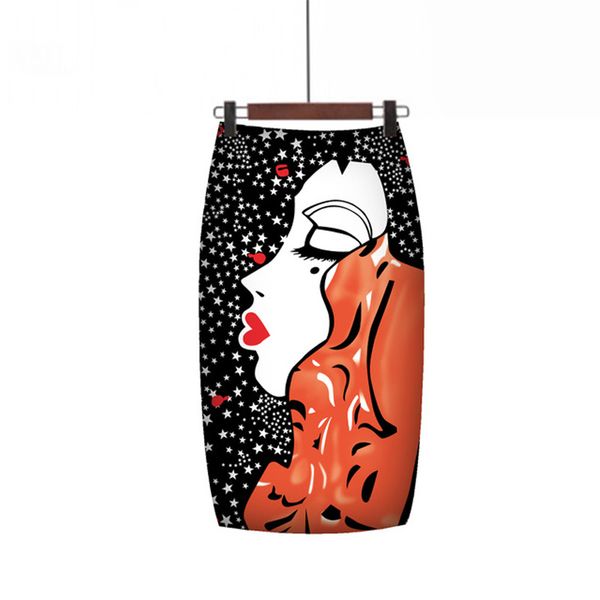 

high waist skirts womens summer 2019 cartoon print zipper knee length pencil skirt bodycon jupe vintage femme saias rokken, Black