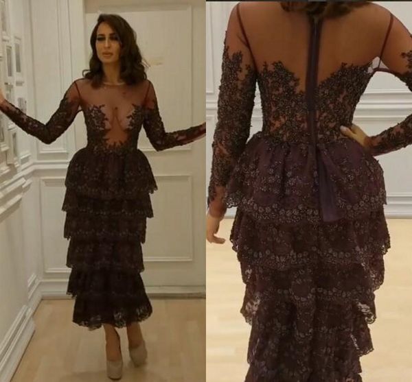 

formal evening dresses 2020 new jewel long sleeve zipper back tiered tea-length lace ridesmaid party queen gowns 1089, Black;red