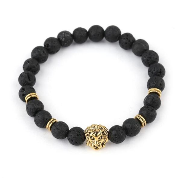 

8 мм натуральный камень лава камень браслет из бисера strand для мужчин мужской леопард кулон пантера голова подвески браслет ювелирные изде, Black