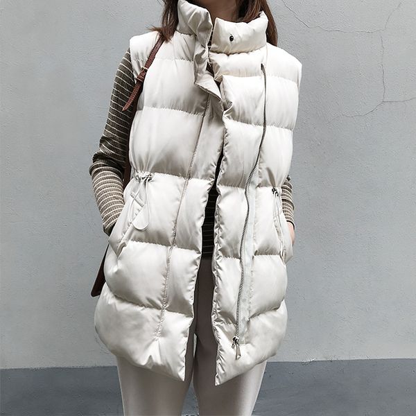 

winter long sleeveless vest coats women stand neck slim cotton padded jacket vests korean fashion zipper jacket woman waistcoat, Black;white