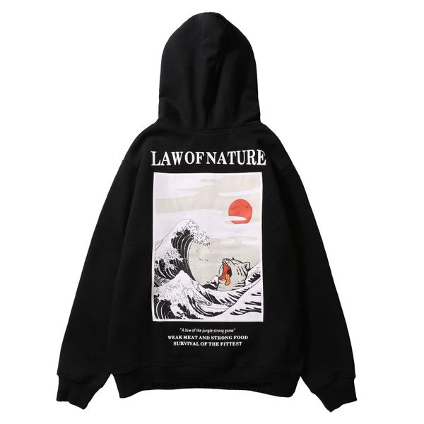 

japanese-style ukiyo-e kanagawa wave hoodies men spring autumn long-sleeve loose sweatshirts stylish men's printed hoodie, Black