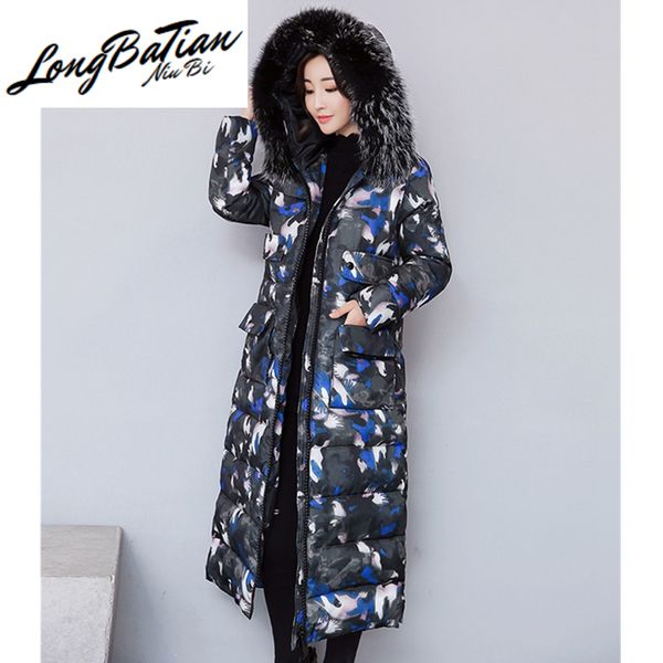 

big fur collar hooded long winter thicken parka down jacket plus size slim camouflage ladies parkas women korean coat, Black
