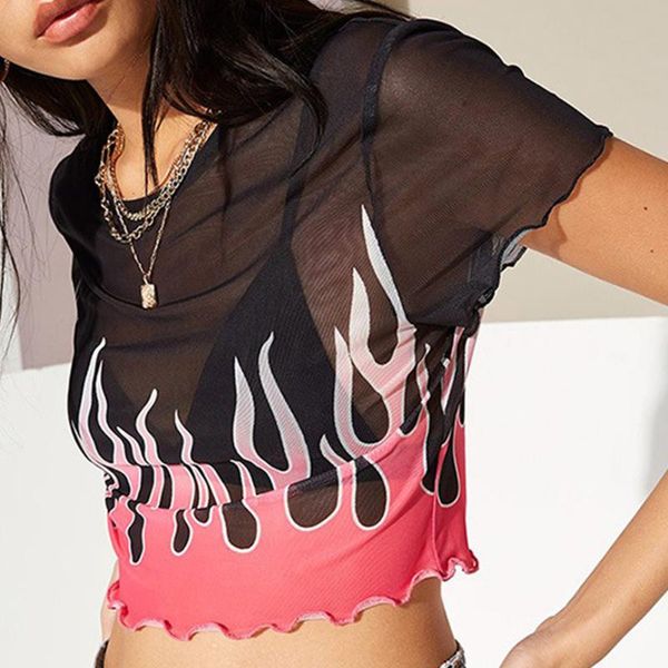 

cool mesh thin summer attractive o neck perspective ruched hem women crop short sleeve casual flame slim fit printed, White