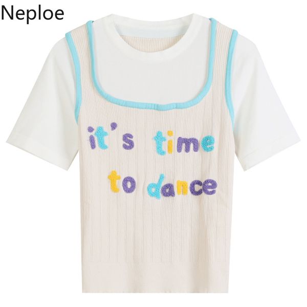 

neploe 2020 spring summer new knitted short sleeve fake two pieces letters o-neck knitwear korean slim short jumpers 4c821, White;black