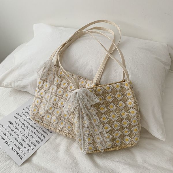 

sweet lace daisy bag female large capacity bucket shoulder straw woven bag female portable shopping handbags