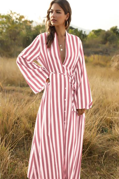 

loose spring striped womens shirts dresses solid color deep v neck long sleeve dresses super long casual breathable dresses, Black;gray
