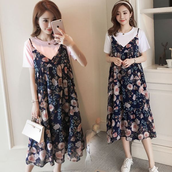 

maternity dresses 621# t shirt + dress clothes loose stylish short sleeves chiffon for pregnant women pregnancy, White