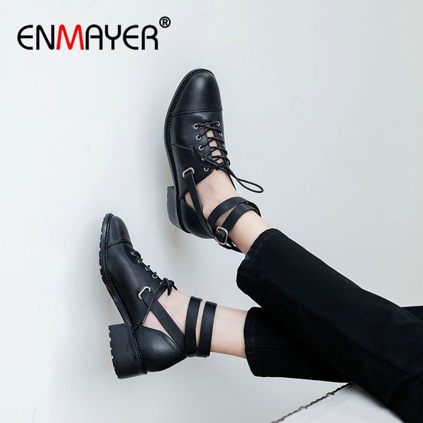 

enmayer 2020 genuine leather high heels gladiator casual lace-up round toe women shoes fashion buckle womens shoes 34-39, Black