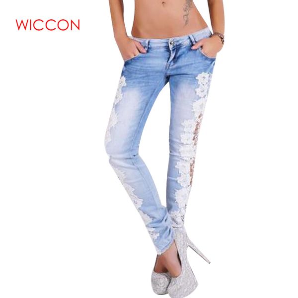 

plus size pantalon femme lace floral side spliced stretch denim trousers hollow out slim pencil pants women jeans femme, Blue