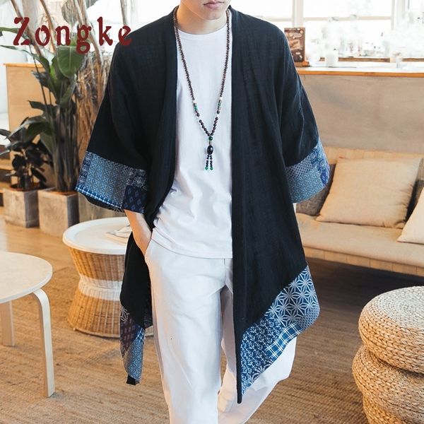 Zongke Chinês Quimono Cardigan Homens Aberto Stitch Mens Tradicional Quimono Cardigan Plus Size Longo Quimono Jacket Men 2018 Verão Ly191206