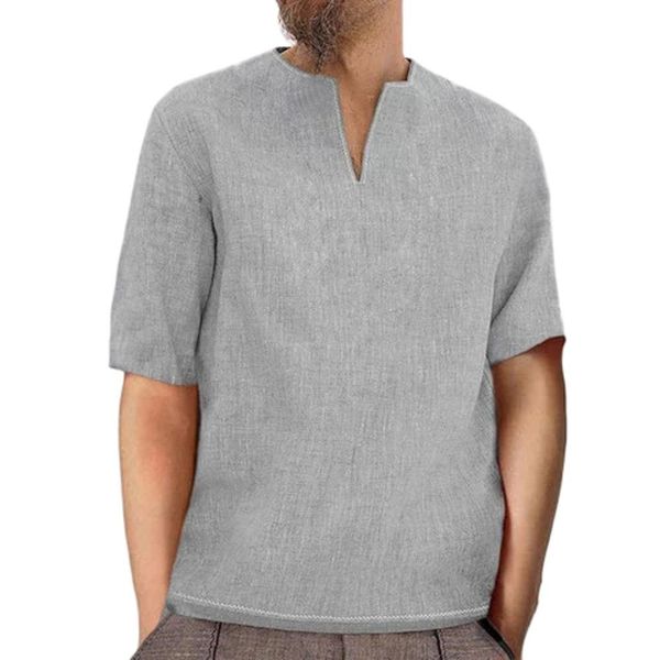 

men's shirt casual baggy cotton linen solid short sleeve blouse fashion v neck male shirts men's clothing camiseta hombre, White;black