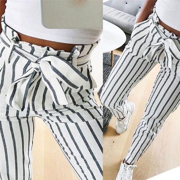 

high waist lace up casual pants fashion summer trousers with belt pants for women women striped long skinny pants tie, Black;white