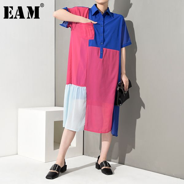 

eam] 2020 new spring summer lapel half sleeve hit color loose pocket big size perspective two piece dress women fashion wg907, Black;gray