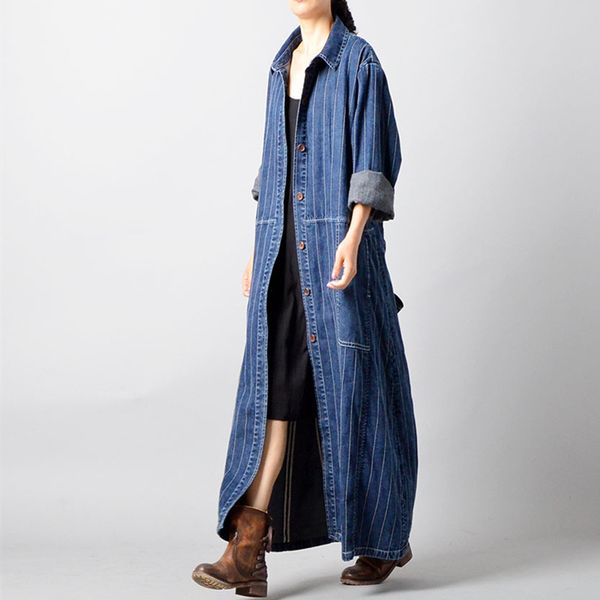 

2018 female new autumn and winter original design plus size trench long striped temperament slim long denim loose outerwear, Tan;black